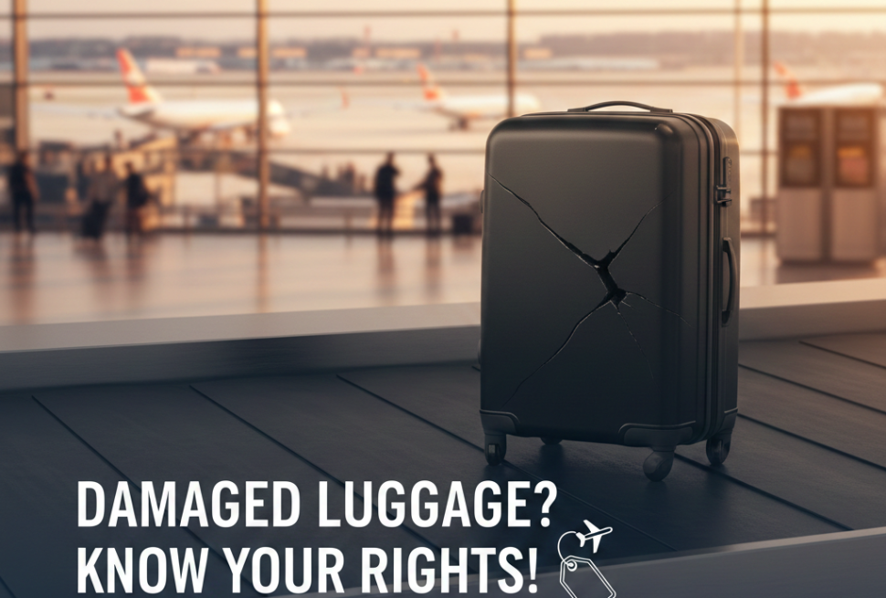Damaged luggage at airport baggage claim and compensation guide.