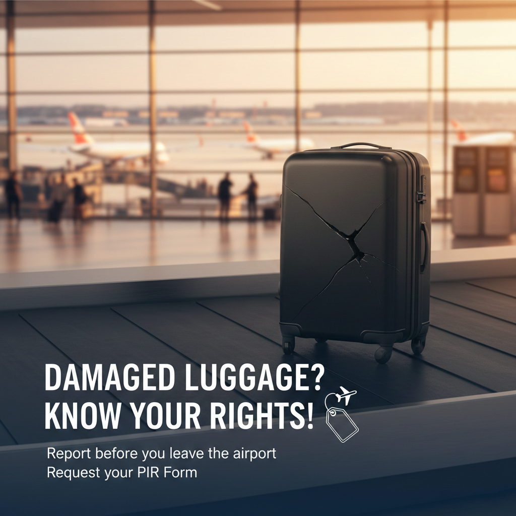 Damaged luggage at airport baggage claim and compensation guide.