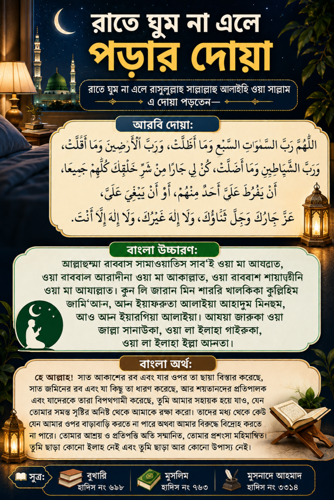 রাতে ঘুম না এলে পড়ার দোয়া | আরবি, বাংলা উচ্চারণ ও অর্থ